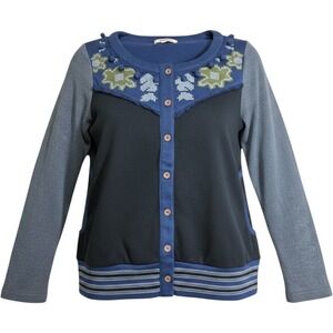 $65 XS ARTKA Gray Blue embroidered cardigan sweatshirt sweater top see mez‎
